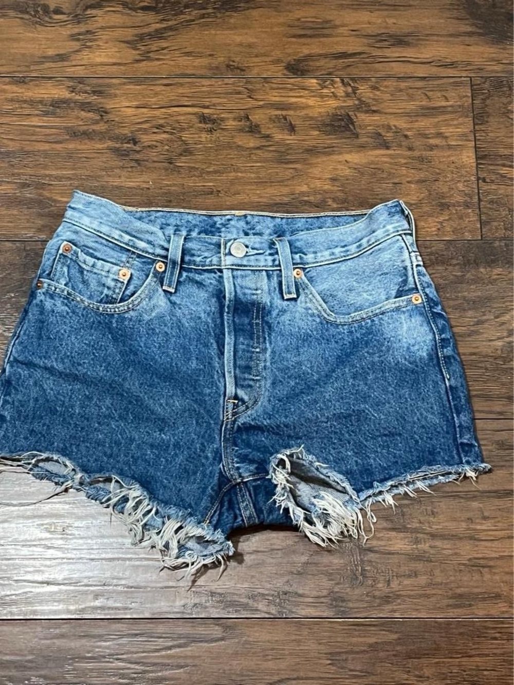 Levi's 501 Blue High-Rise Frayed Denim Shorts